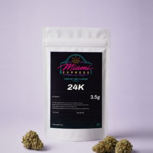 24K CBD Flower front view, white resealable bag on a pale lilac studio background