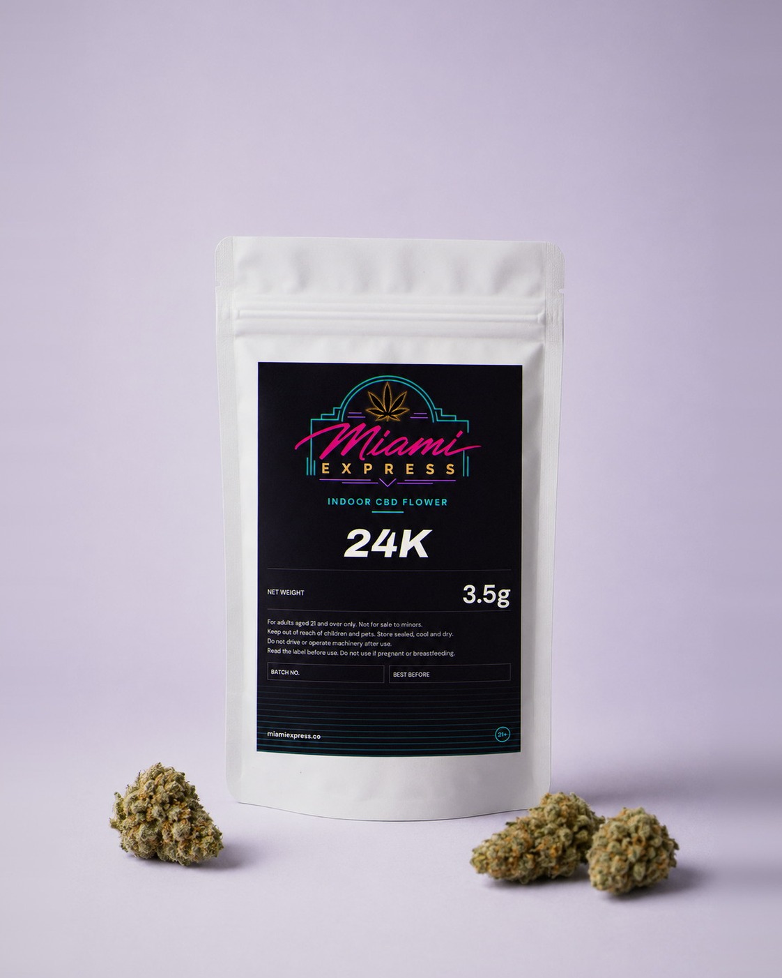 24K CBD Flower front view, white resealable bag on a pale lilac studio background