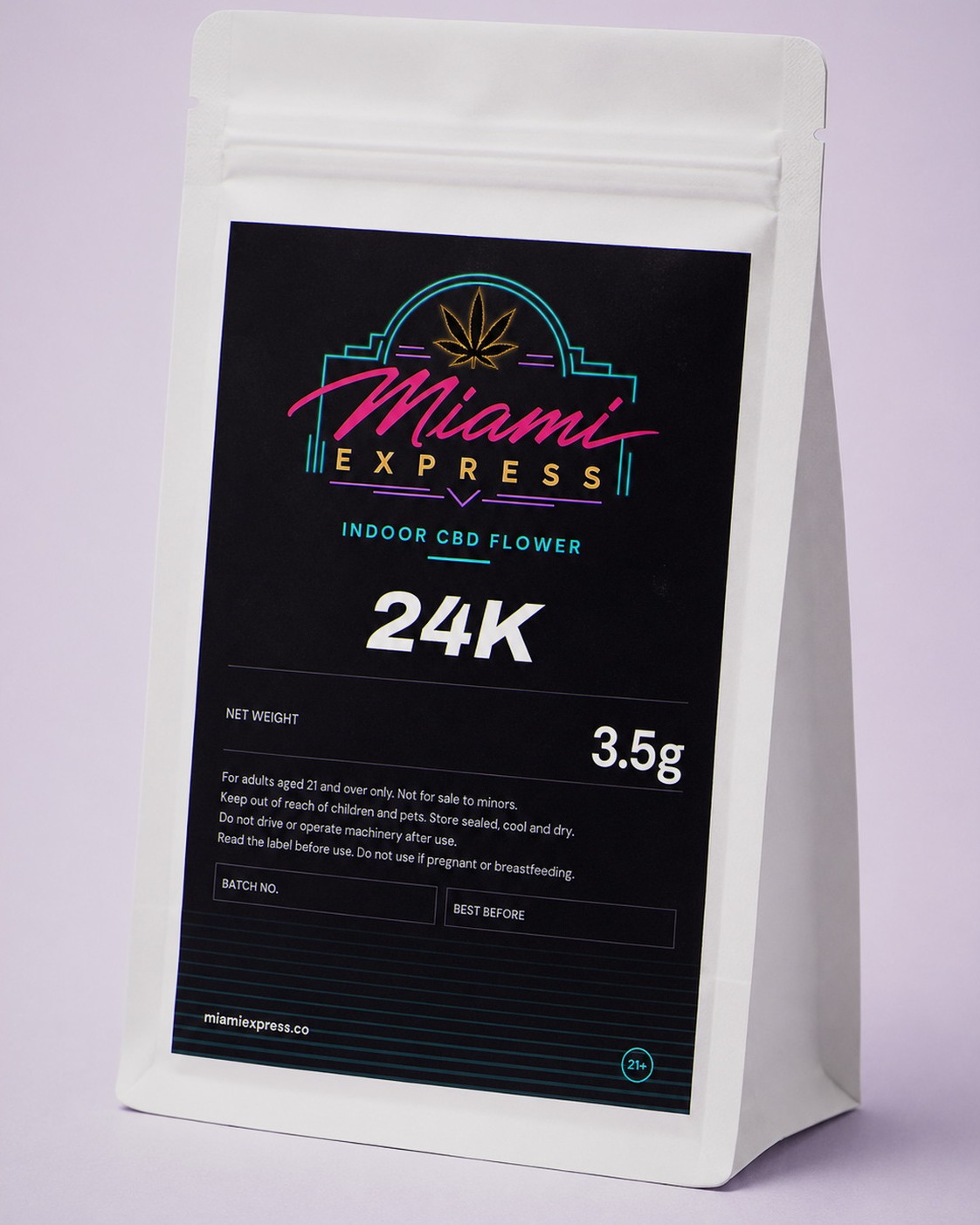 24K CBD Flower angled view showing the label on the white resealable bag