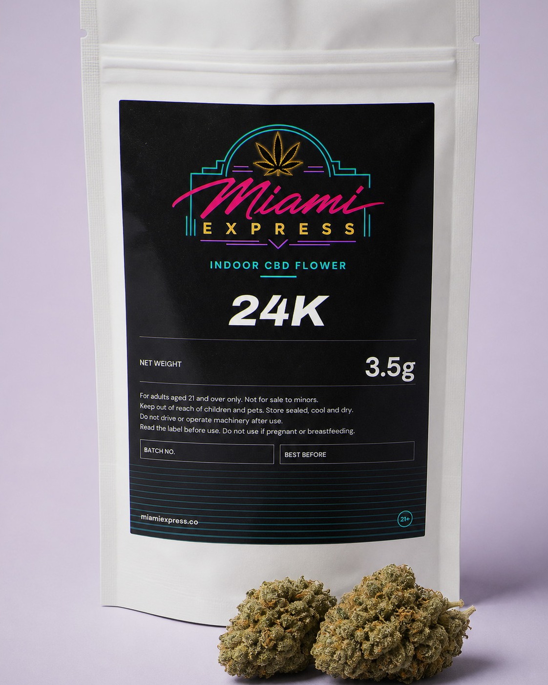 24K CBD Flower shown alongside the white resealable bag