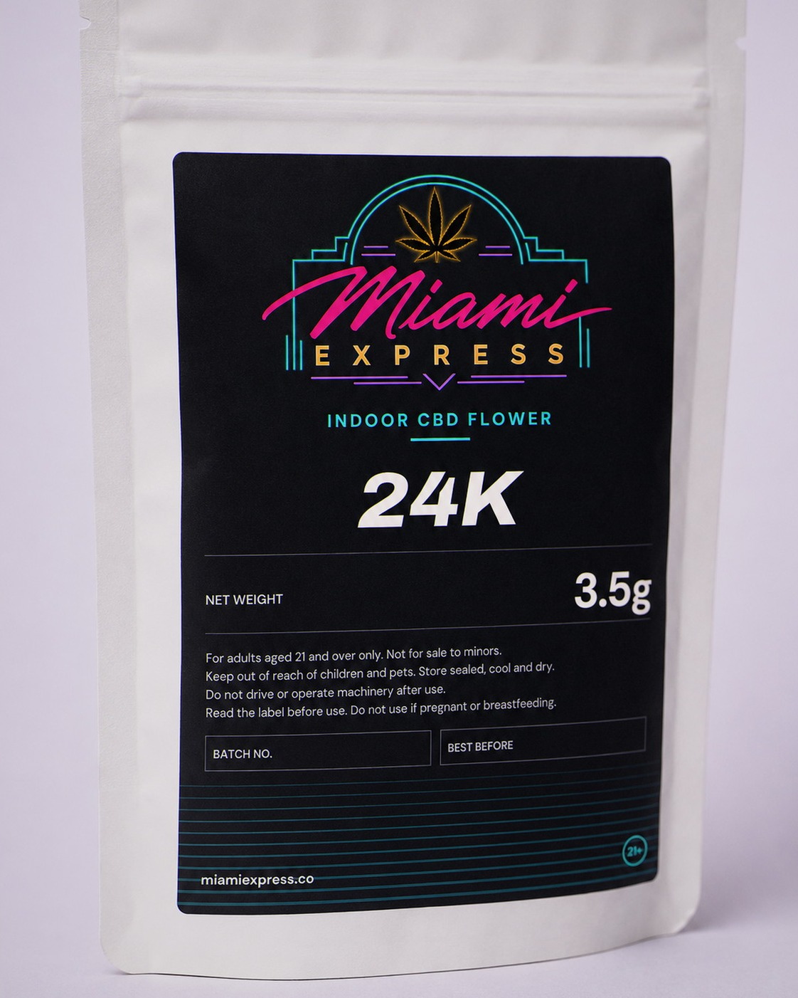 Close-up of the 24K CBD Flower label on the white resealable bag