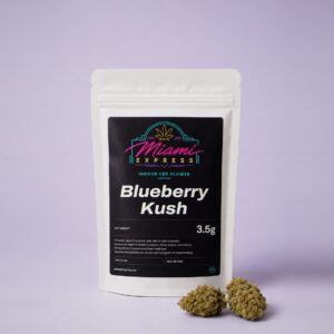 Blueberry Kush CBD Flower front view, white resealable bag on a pale lilac studio background