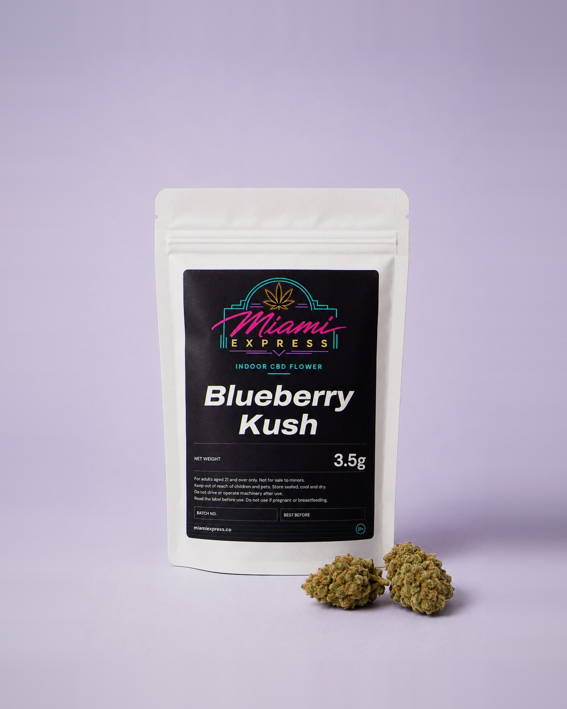 Blueberry Kush CBD Flower front view, white resealable bag on a pale lilac studio background