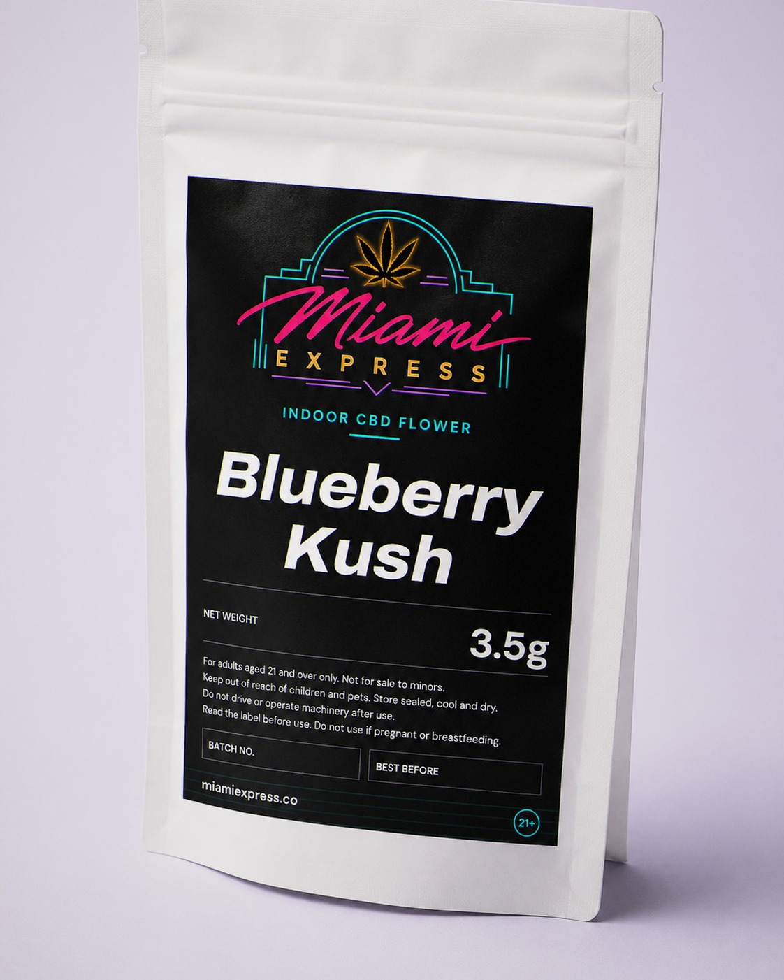 Blueberry Kush CBD Flower angled view showing the label on the white resealable bag
