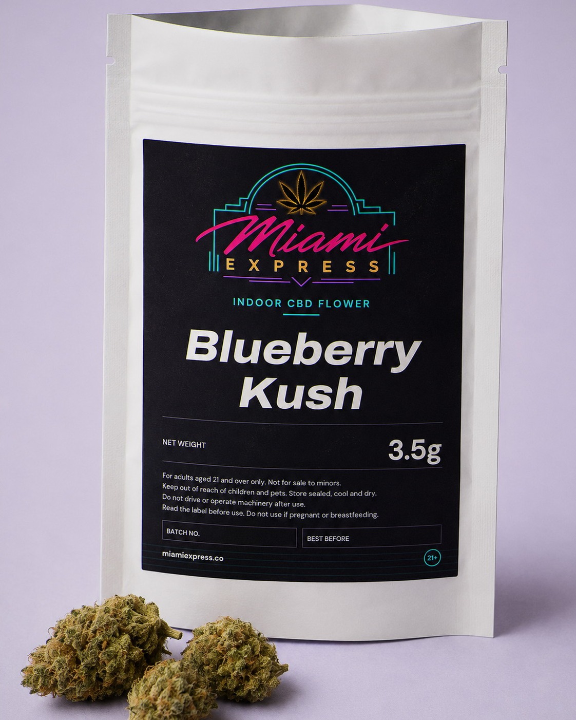 Blueberry Kush CBD Flower shown alongside the white resealable bag