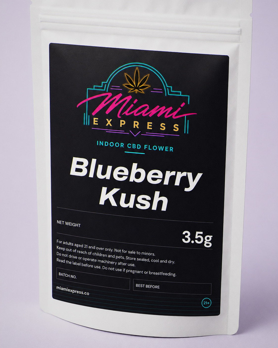 Close-up of the Blueberry Kush CBD Flower label on the white resealable bag