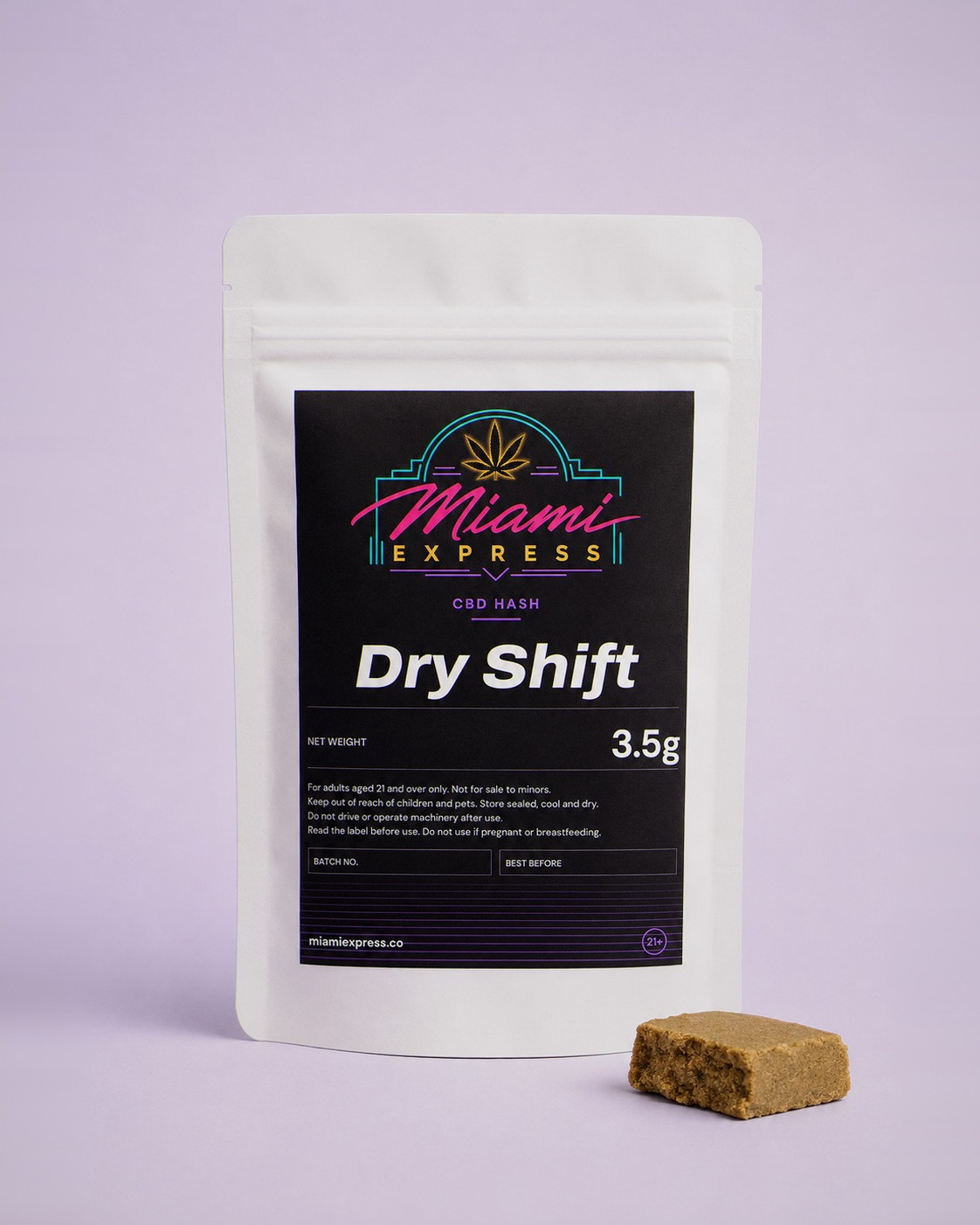 Dry Shift CBD Hash front view, white resealable bag on a pale lilac studio background