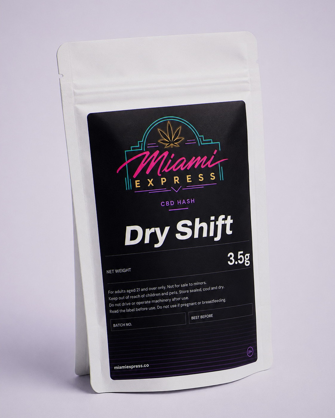 Dry Shift CBD Hash angled view showing the label on the white resealable bag