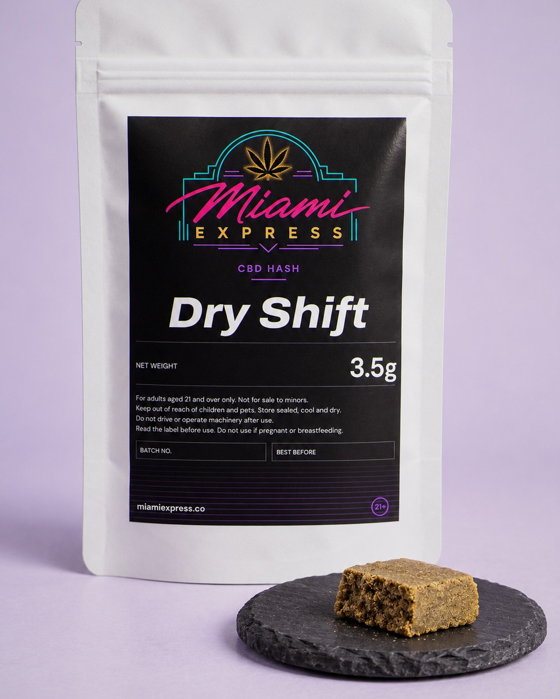 Dry Shift CBD Hash shown alongside the white resealable bag
