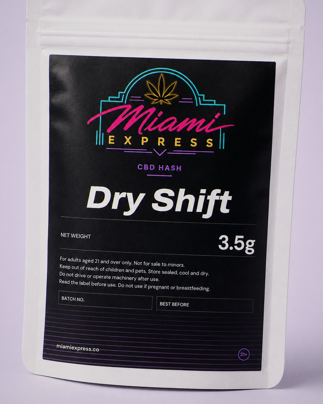Close-up of the Dry Shift CBD Hash label on the white resealable bag