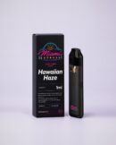 Hawaiian Haze THCP Vape front view, matte black box and CCELL Easy Bar device on a pale lilac studio background