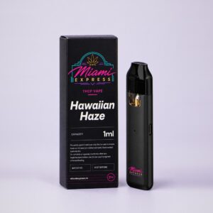 Hawaiian Haze THCP Vape front view, matte black box and CCELL Easy Bar device on a pale lilac studio background