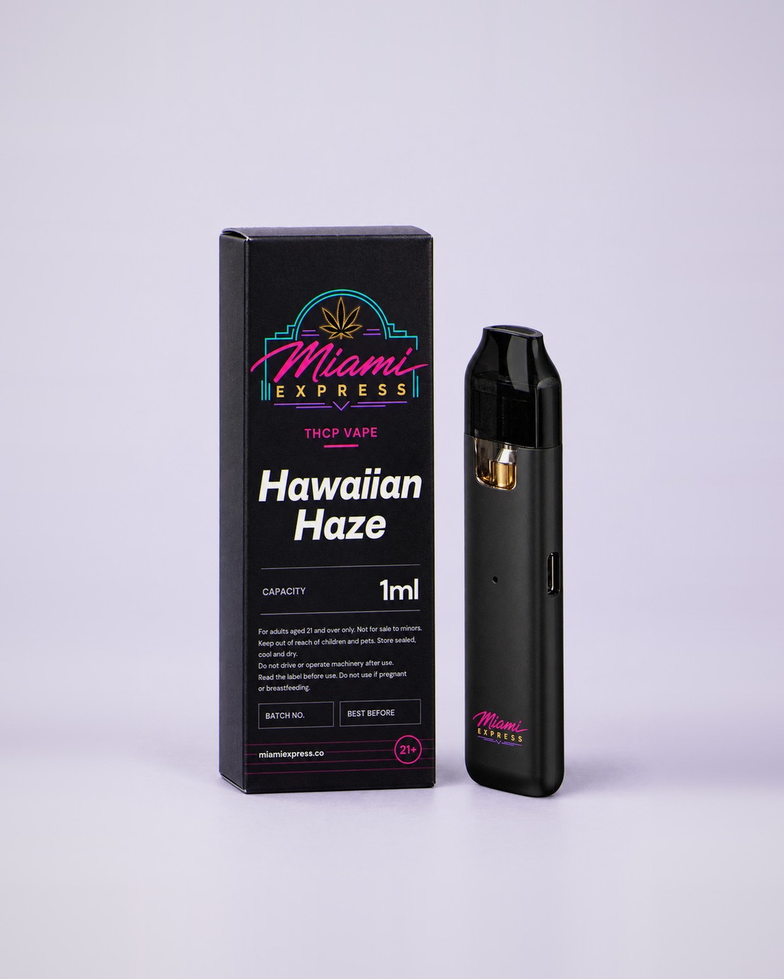 Hawaiian Haze THCP Vape front view, matte black box and CCELL Easy Bar device on a pale lilac studio background
