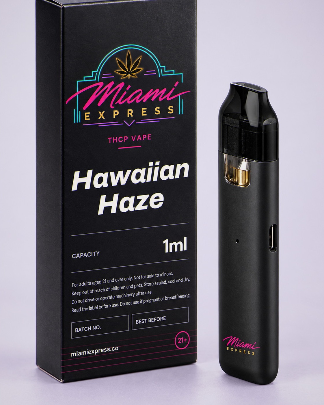 Hawaiian Haze THCP Vape angled view showing the label on the matte black box and CCELL Easy Bar device