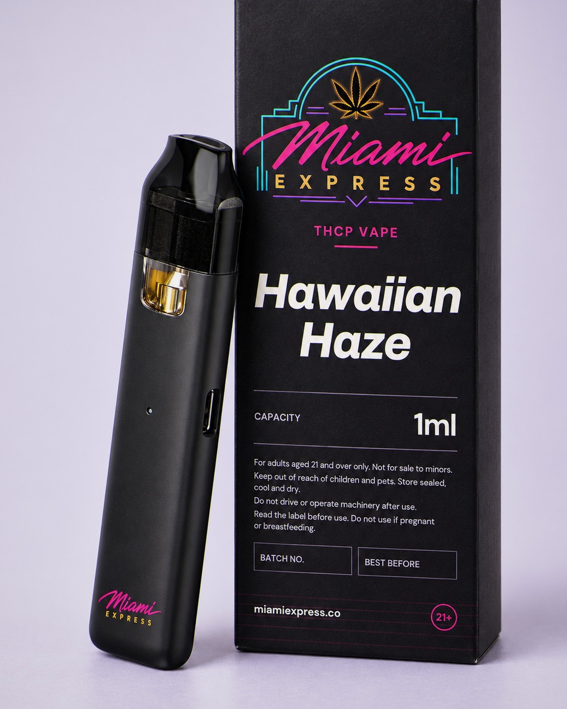 Hawaiian Haze THCP Vape shown alongside the matte black box and CCELL Easy Bar device