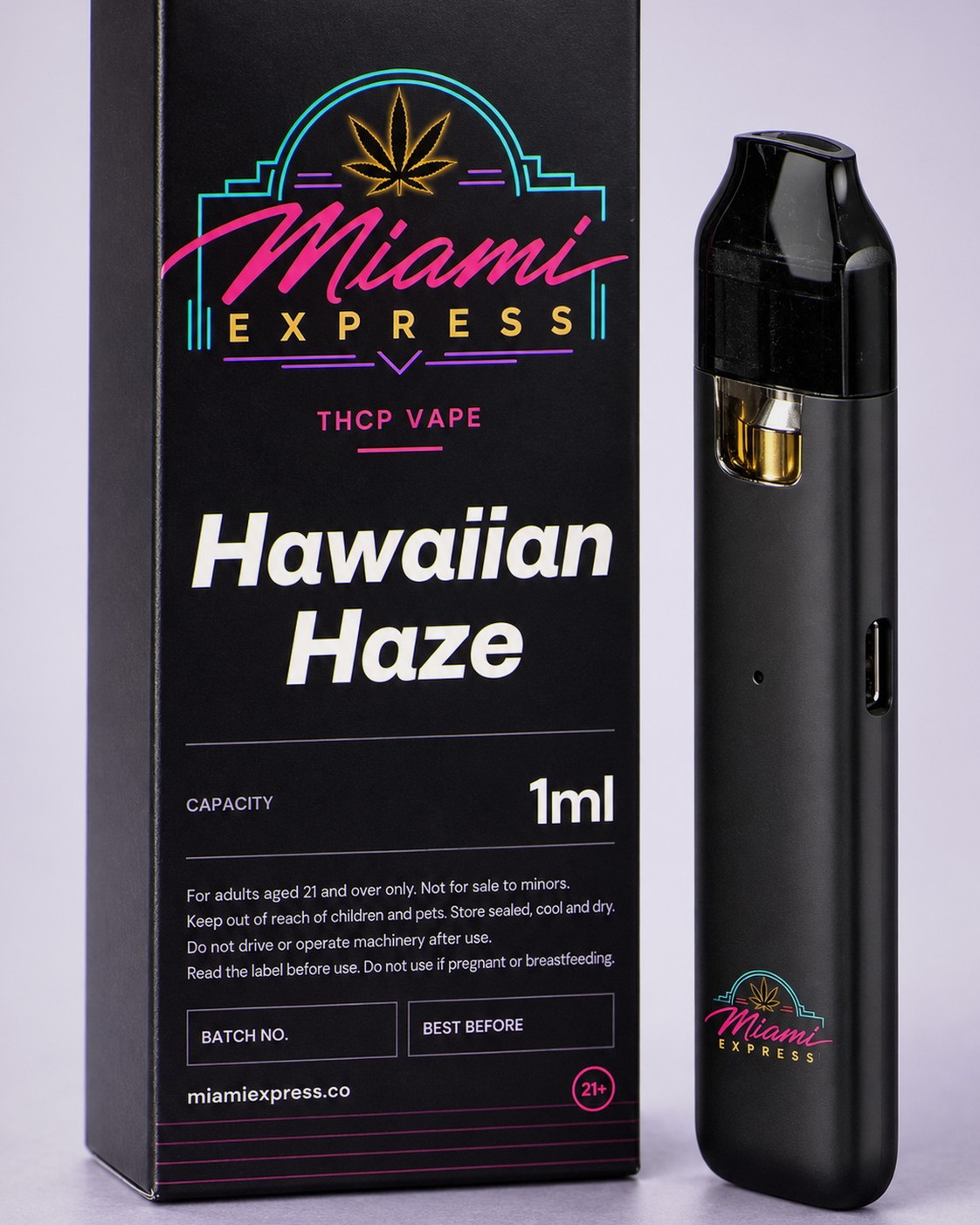 Close-up of the Hawaiian Haze THCP Vape label on the matte black box and CCELL Easy Bar device