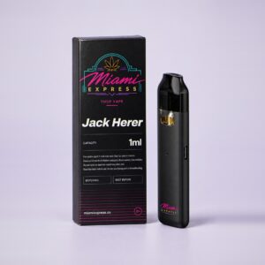 Jack Herer THCP Vape front view, matte black box and CCELL Easy Bar device on a pale lilac studio background