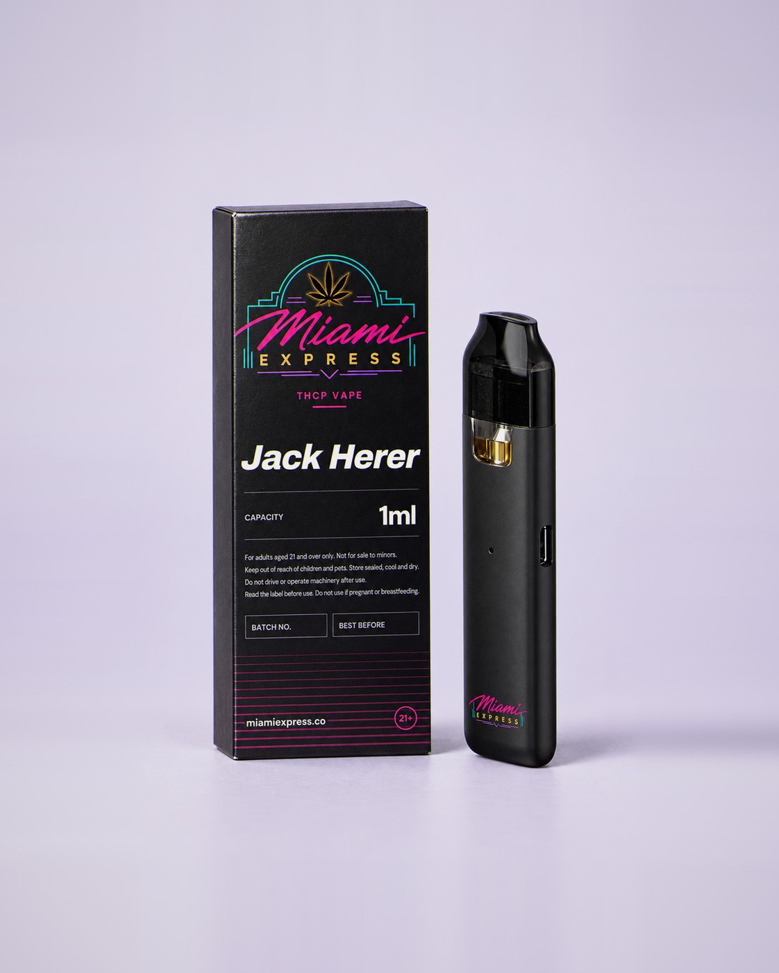 Jack Herer THCP Vape front view, matte black box and CCELL Easy Bar device on a pale lilac studio background