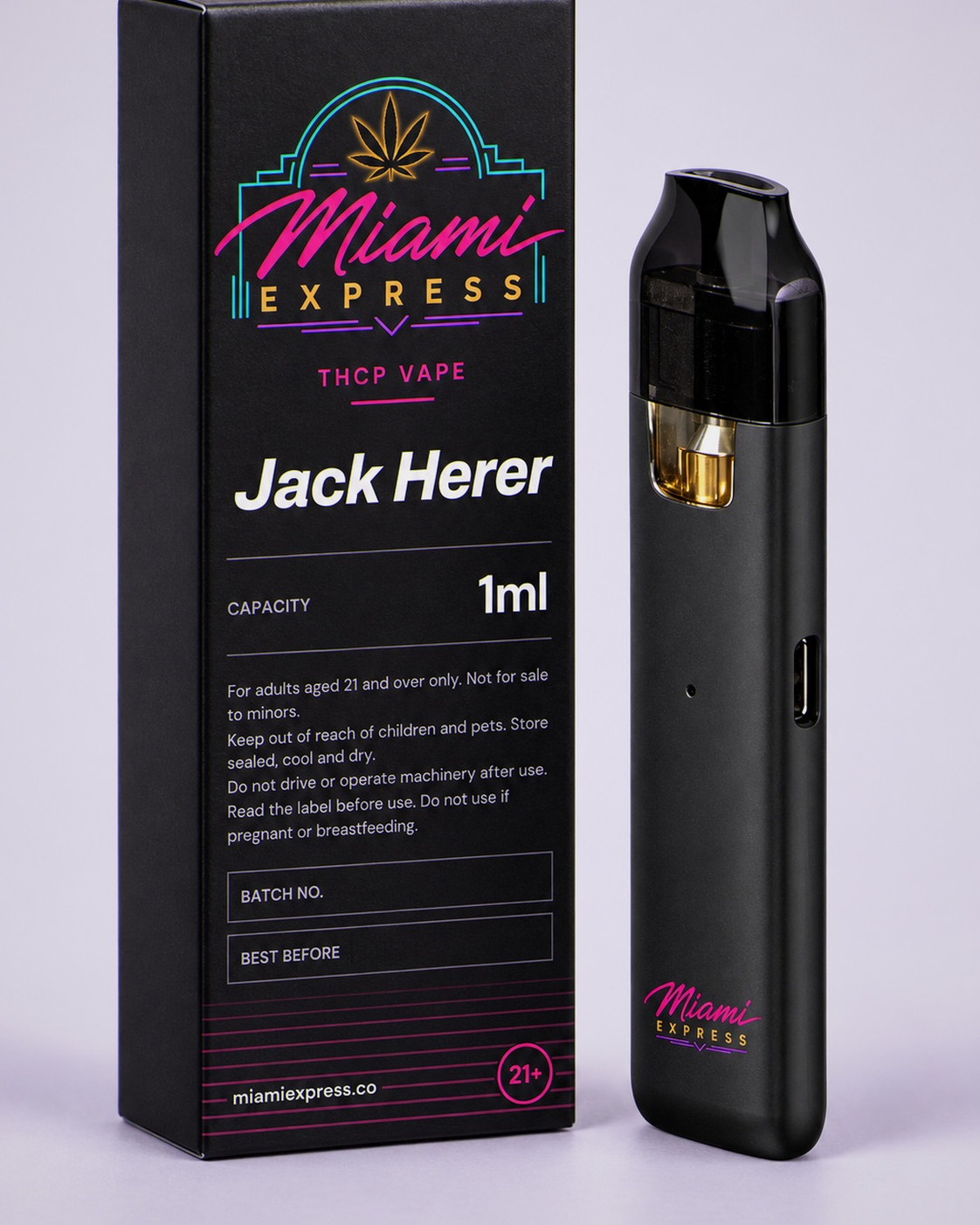 Jack Herer THCP Vape angled view showing the label on the matte black box and CCELL Easy Bar device