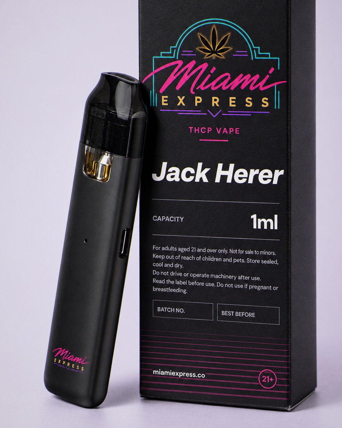 Jack Herer THCP Vape shown alongside the matte black box and CCELL Easy Bar device