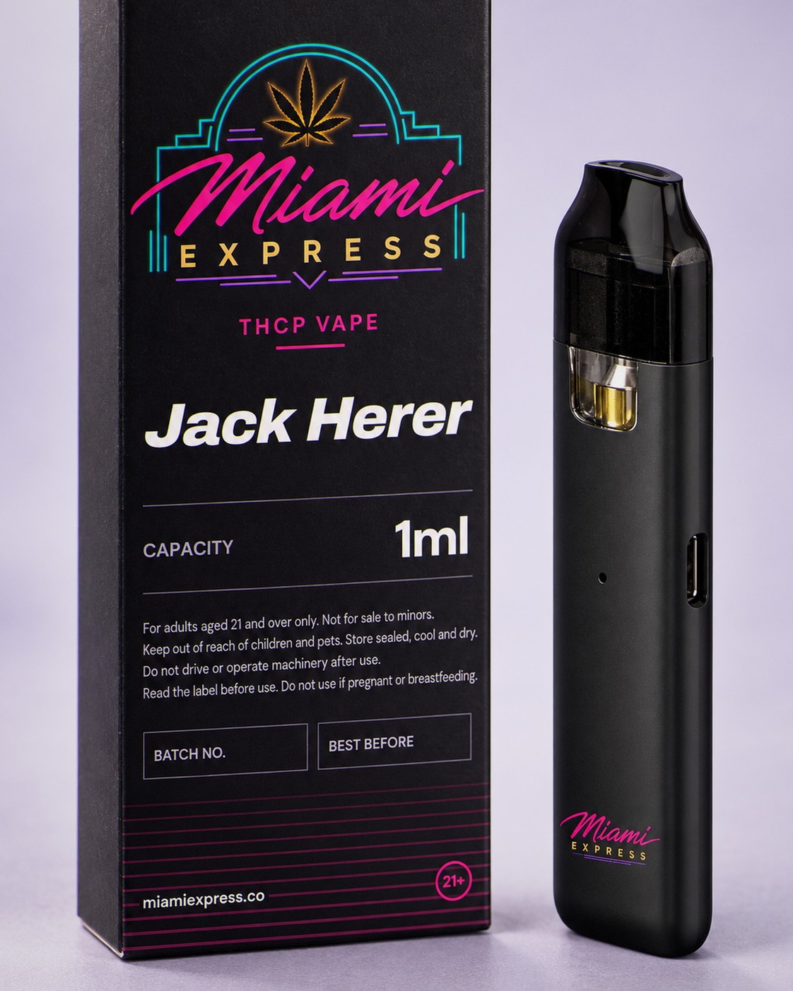 Close-up of the Jack Herer THCP Vape label on the matte black box and CCELL Easy Bar device