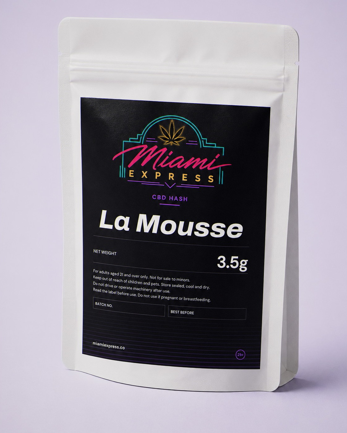La Mousse CBD Hash angled view showing the label on the white resealable bag