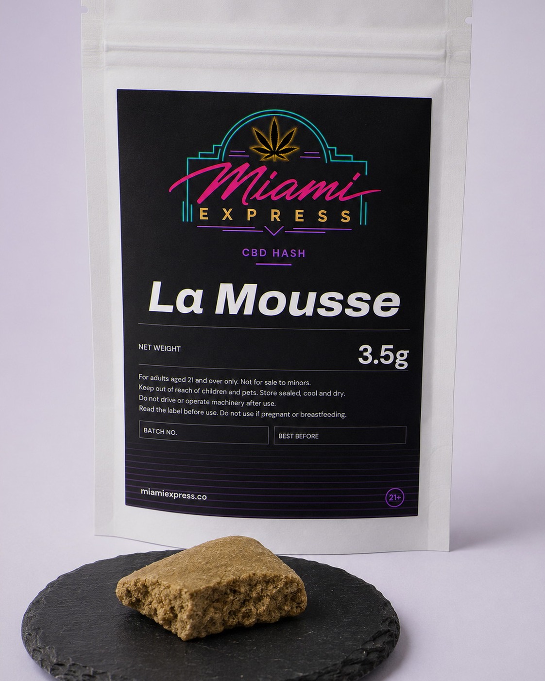 La Mousse CBD Hash shown alongside the white resealable bag