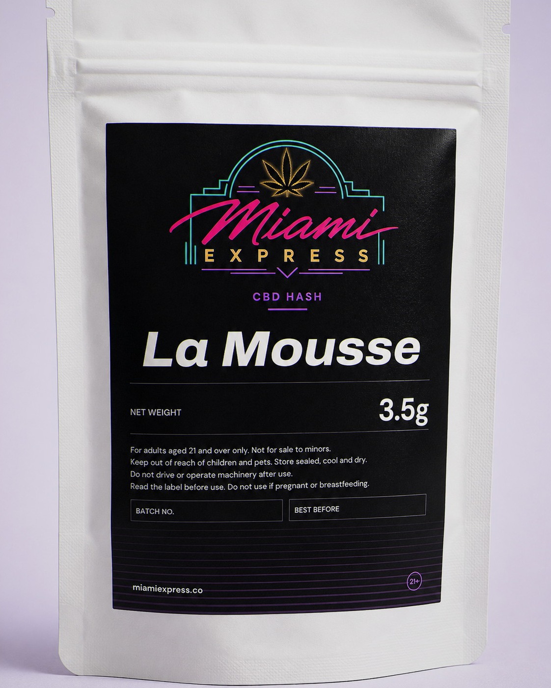 Close-up of the La Mousse CBD Hash label on the white resealable bag