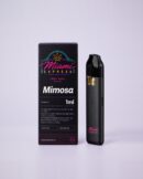 Mimosa THCP Vape front view, matte black box and CCELL Easy Bar device on a pale lilac studio background