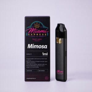 Mimosa THCP Vape front view, matte black box and CCELL Easy Bar device on a pale lilac studio background