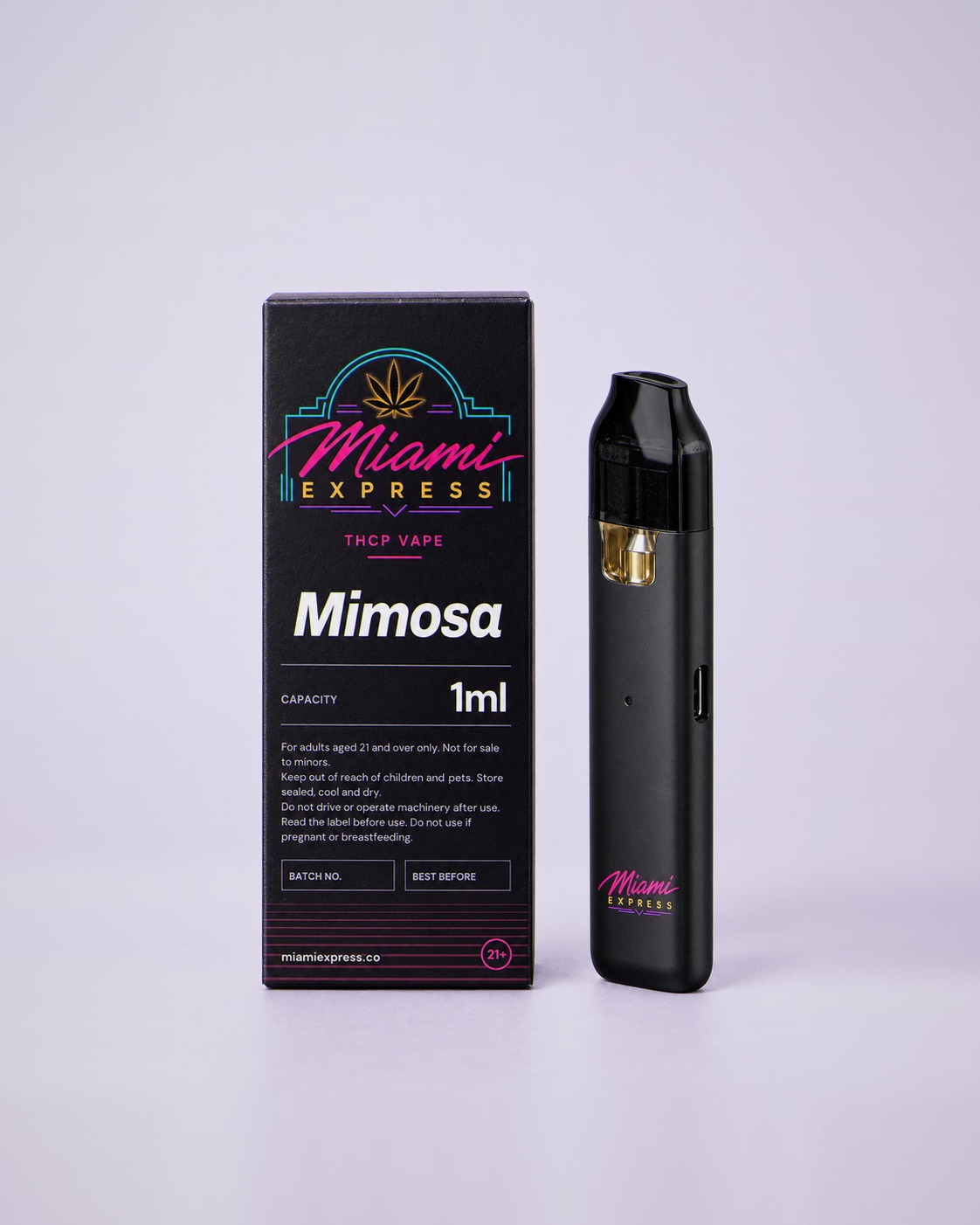 Mimosa THCP Vape front view, matte black box and CCELL Easy Bar device on a pale lilac studio background