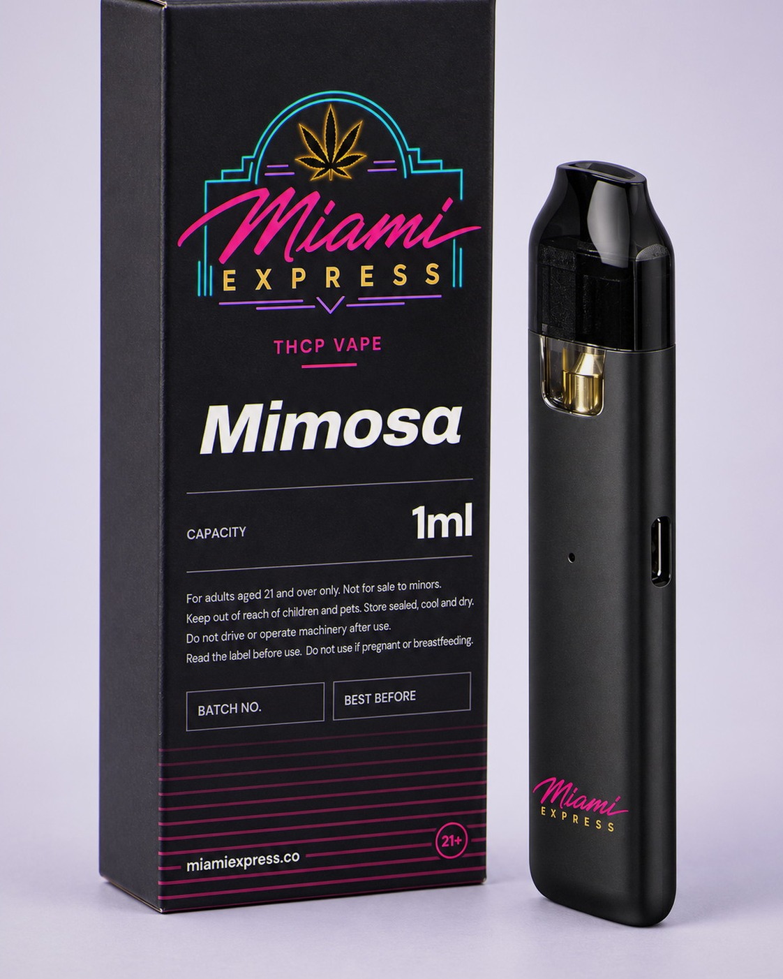 Mimosa THCP Vape angled view showing the label on the matte black box and CCELL Easy Bar device