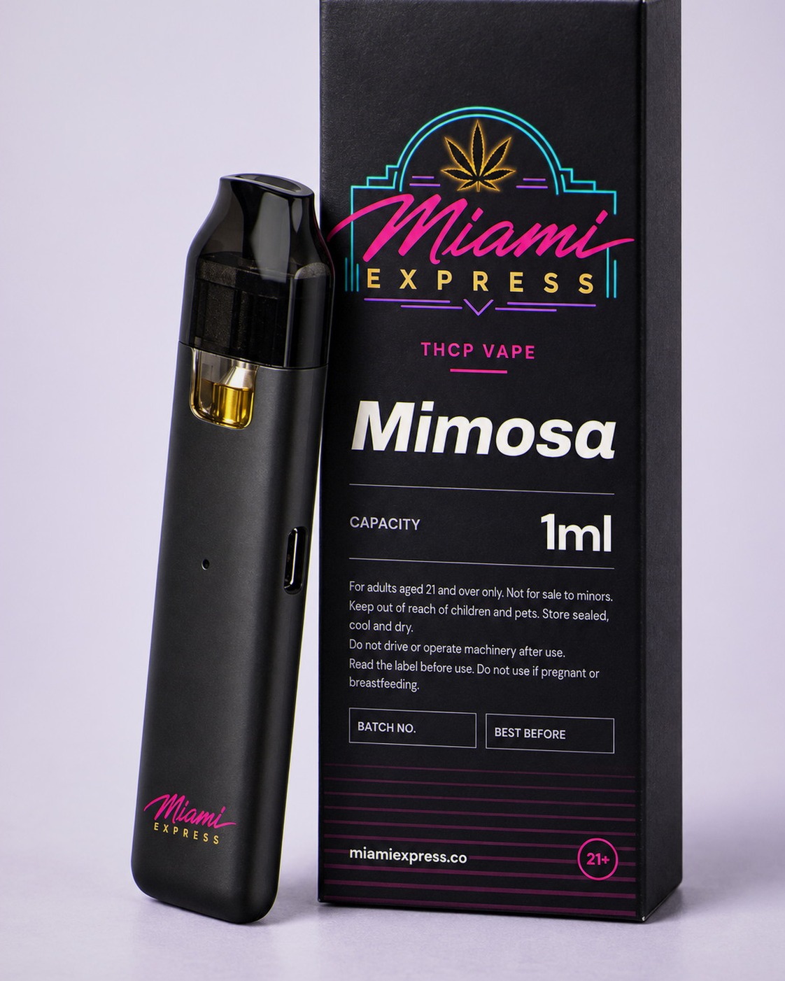 Mimosa THCP Vape shown alongside the matte black box and CCELL Easy Bar device