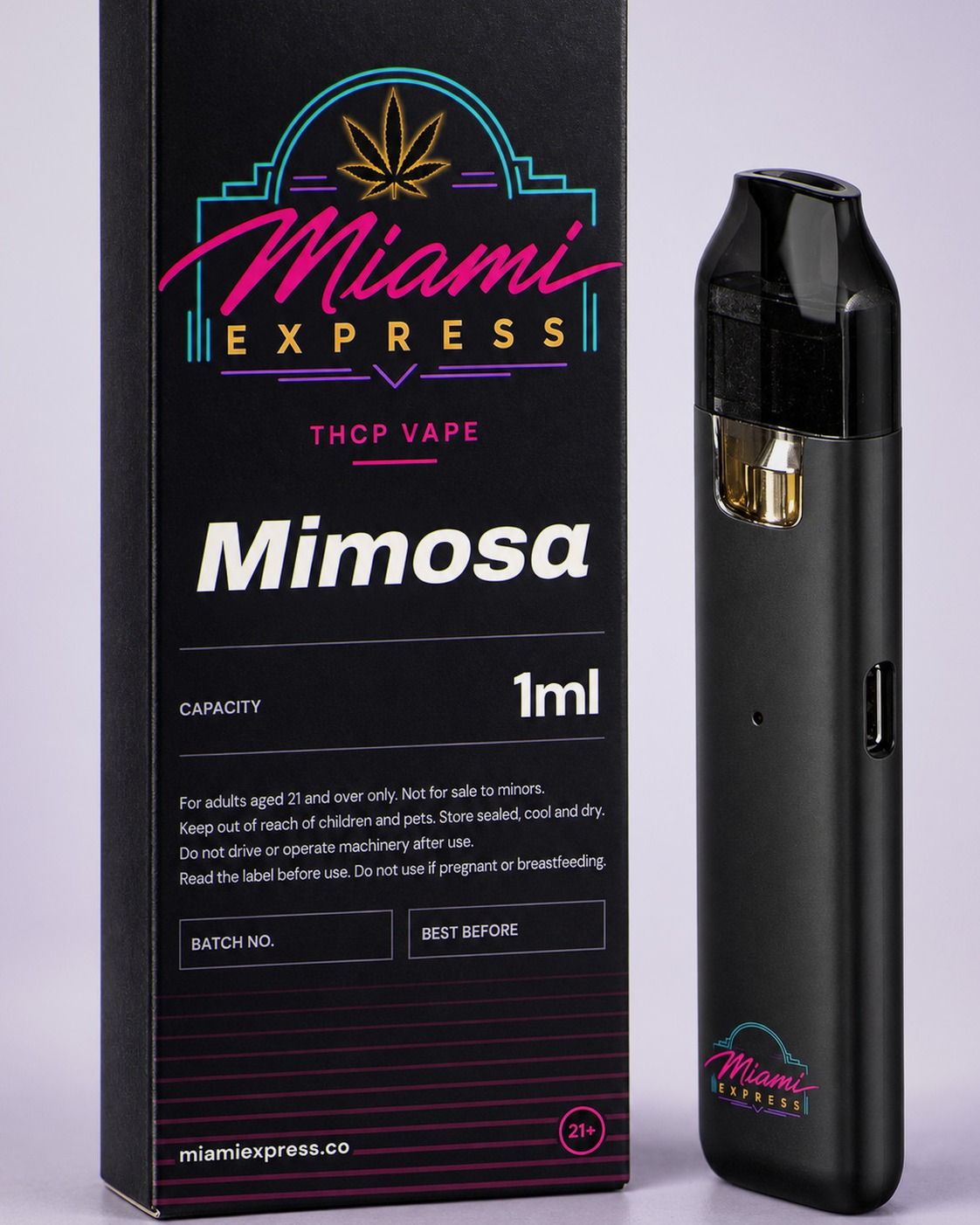 Close-up of the Mimosa THCP Vape label on the matte black box and CCELL Easy Bar device