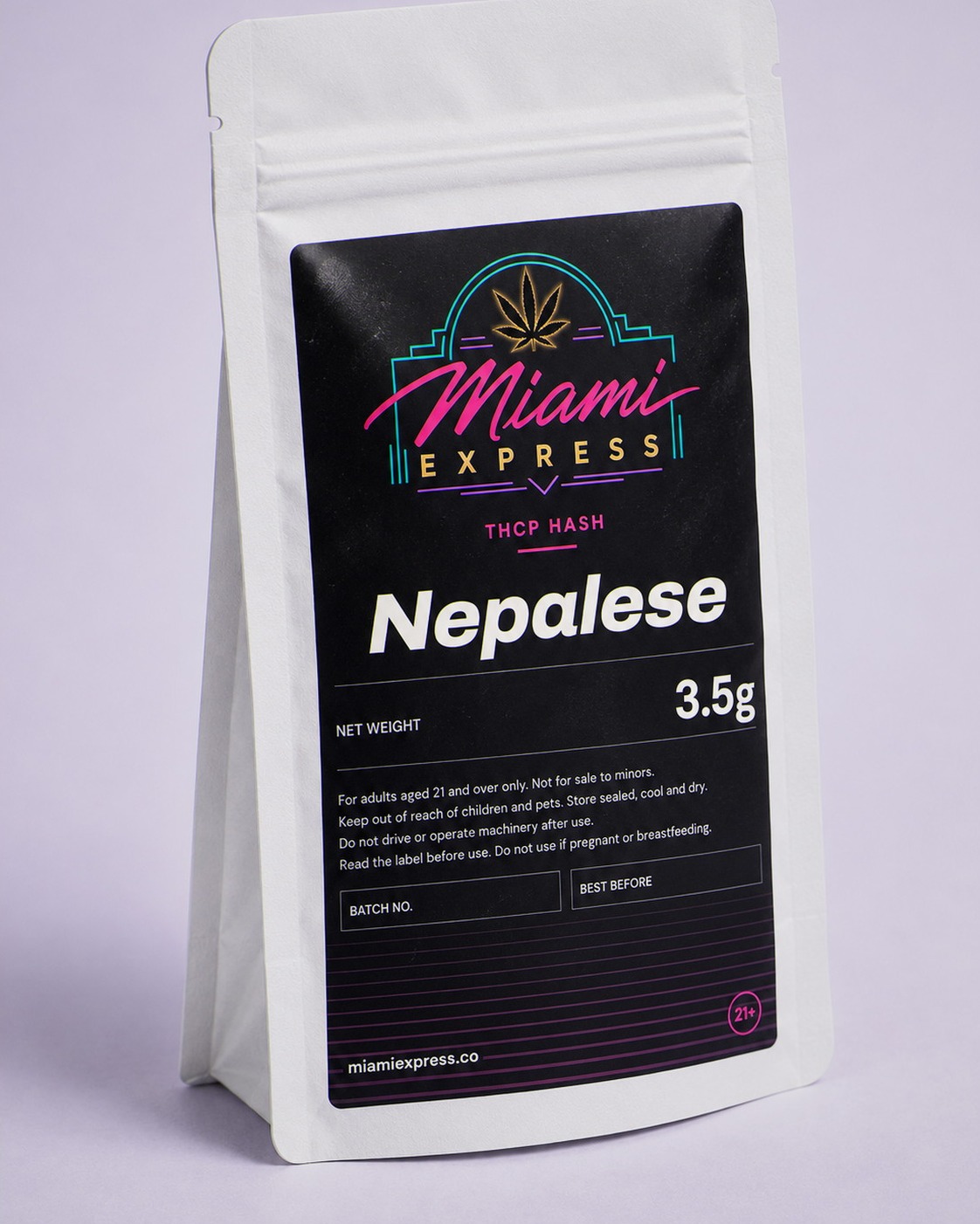 Nepalese THCP Hash angled view showing the label on the white resealable bag