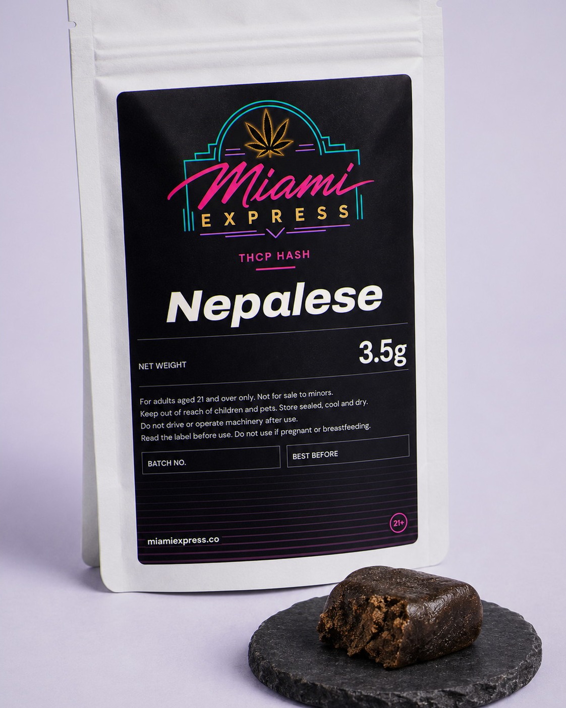 Nepalese THCP Hash shown alongside the white resealable bag