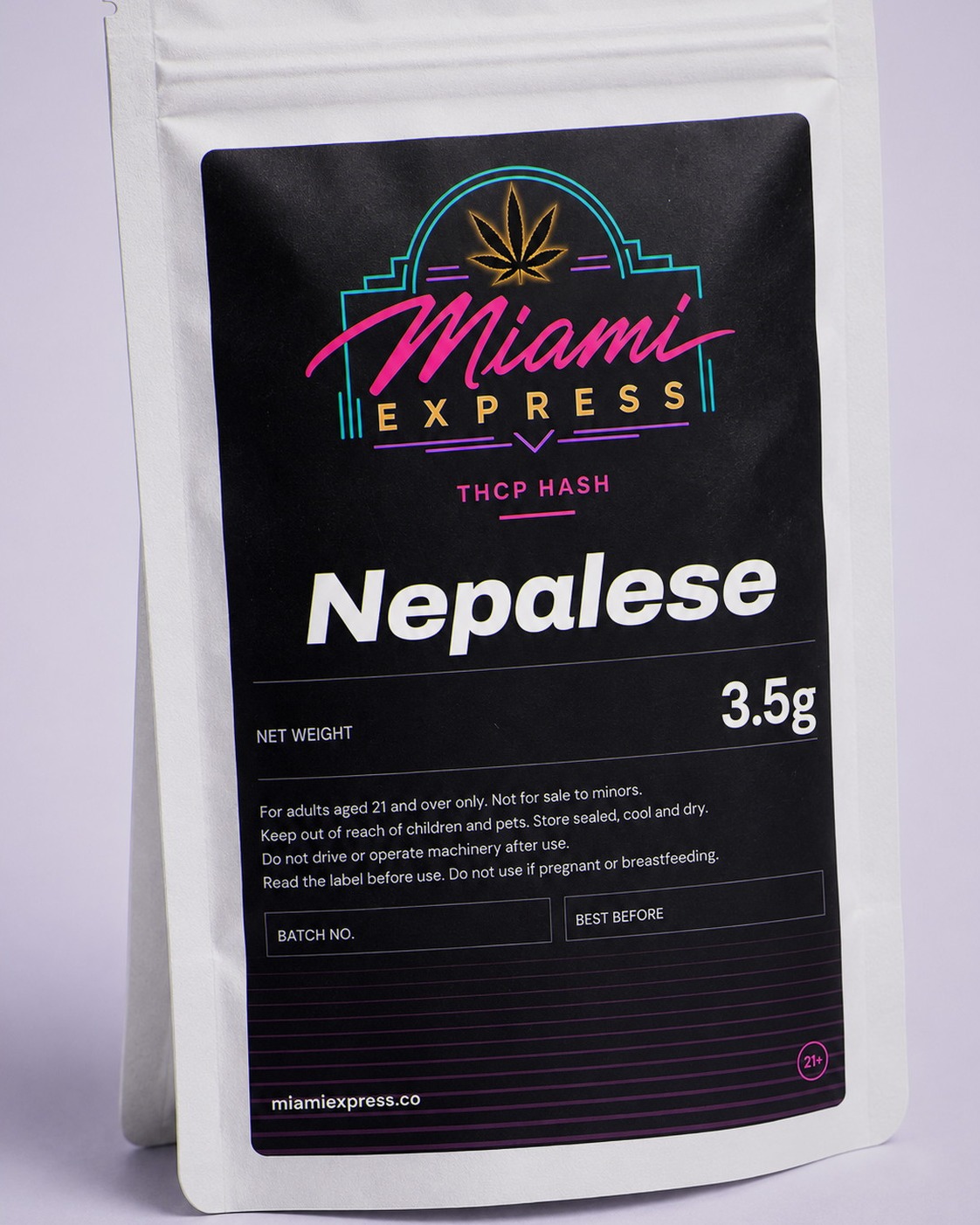Close-up of the Nepalese THCP Hash label on the white resealable bag