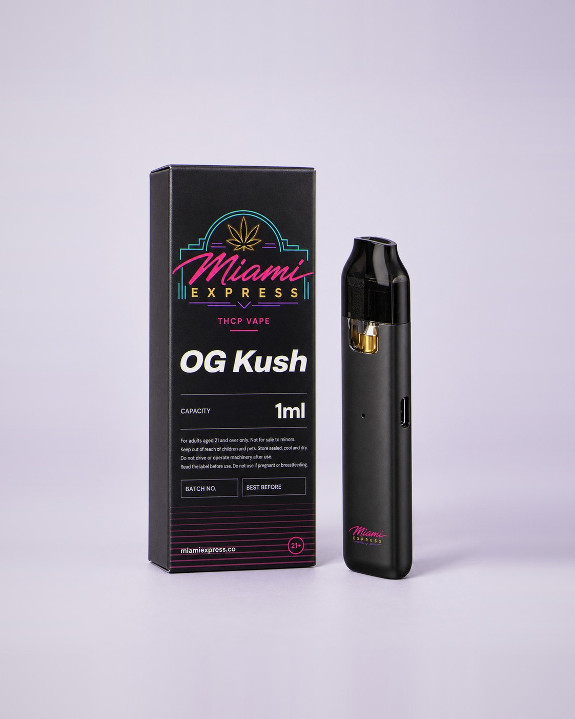 OG Kush THCP Vape front view, matte black box and CCELL Easy Bar device on a pale lilac studio background