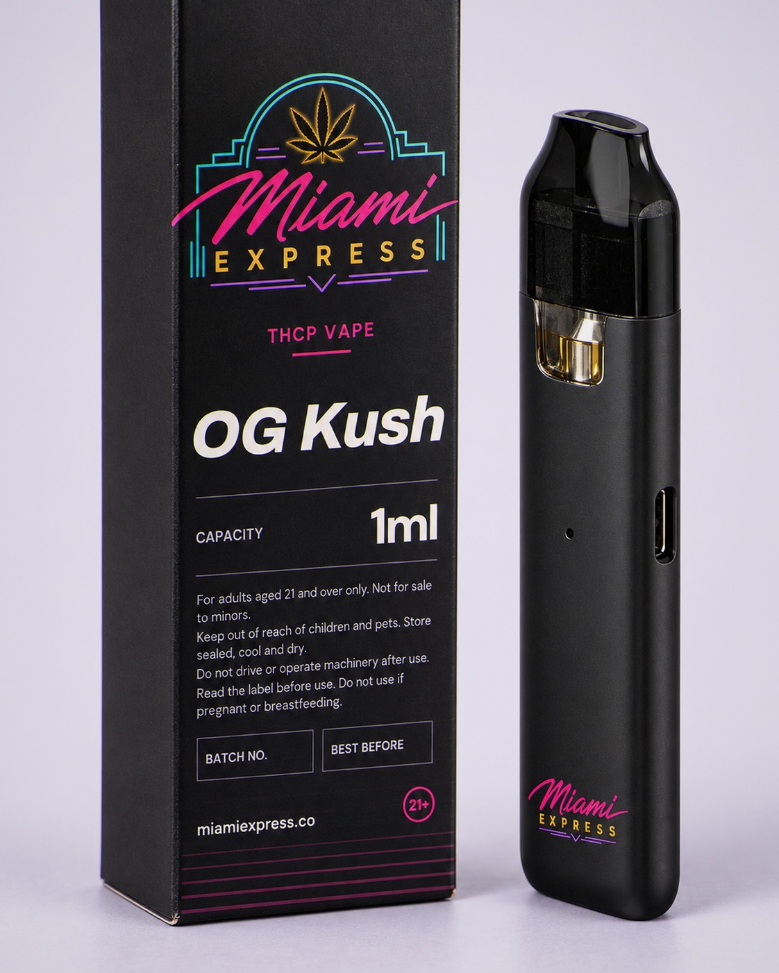 OG Kush THCP Vape angled view showing the label on the matte black box and CCELL Easy Bar device