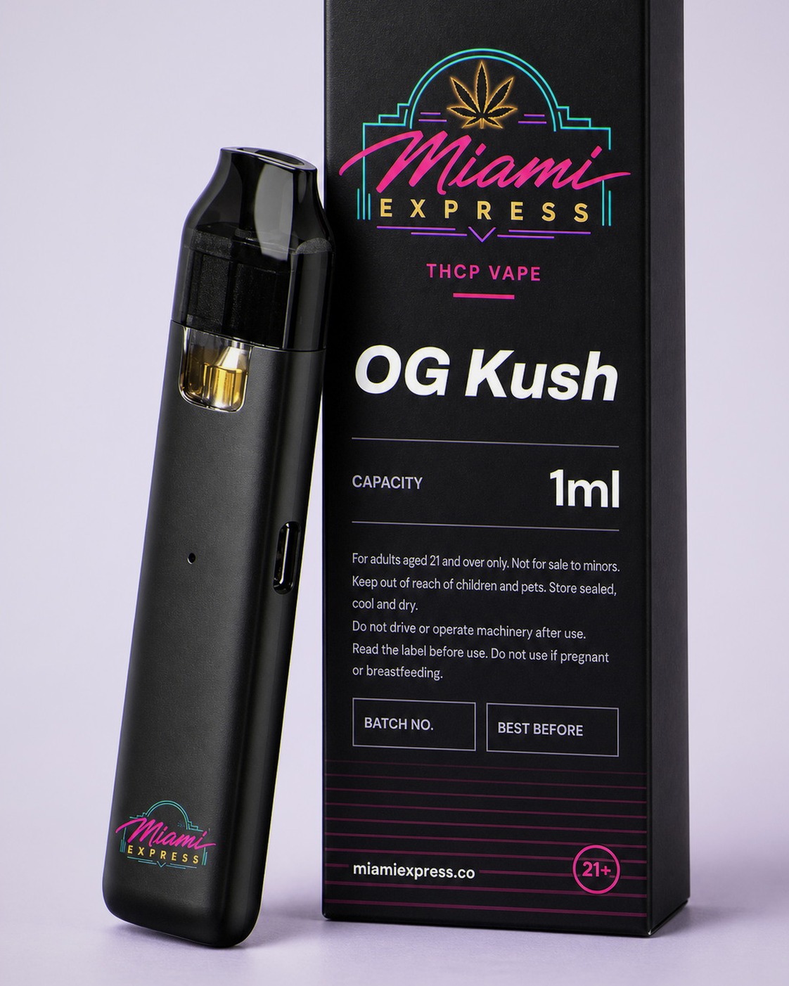 OG Kush THCP Vape shown alongside the matte black box and CCELL Easy Bar device