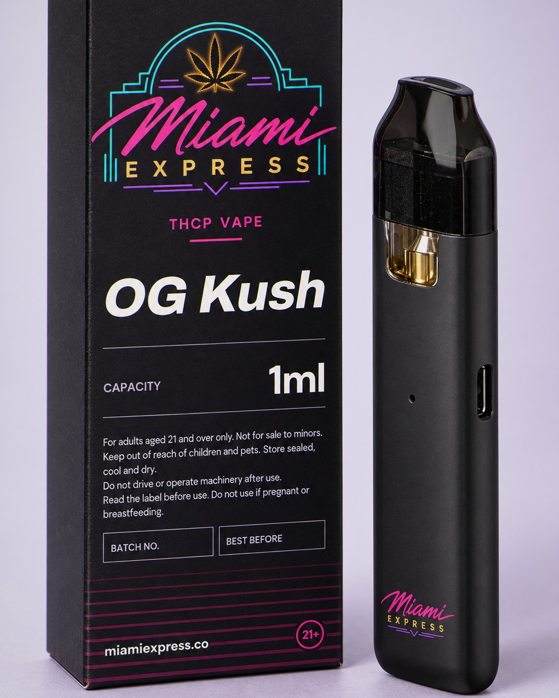 Close-up of the OG Kush THCP Vape label on the matte black box and CCELL Easy Bar device