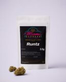 Runtz CBD Flower front view, white resealable bag on a pale lilac studio background