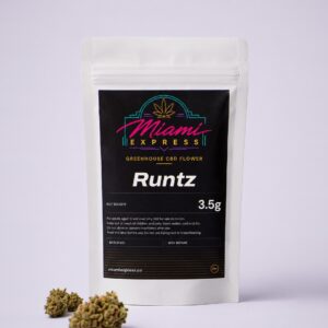 Runtz CBD Flower front view, white resealable bag on a pale lilac studio background