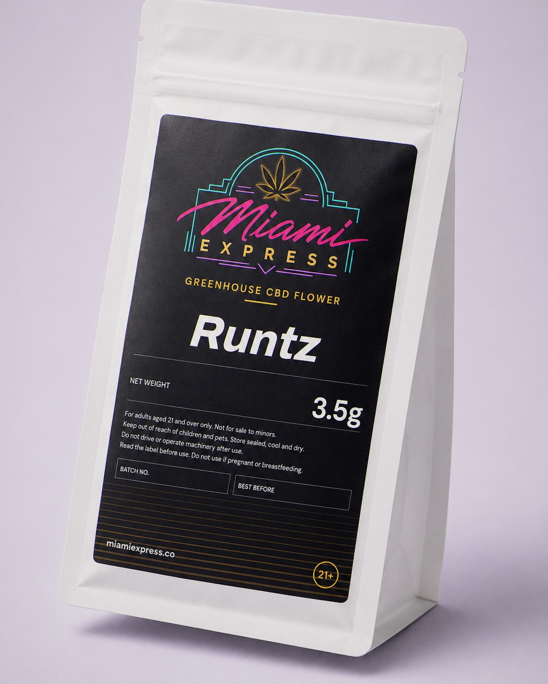 Runtz CBD Flower angled view showing the label on the white resealable bag