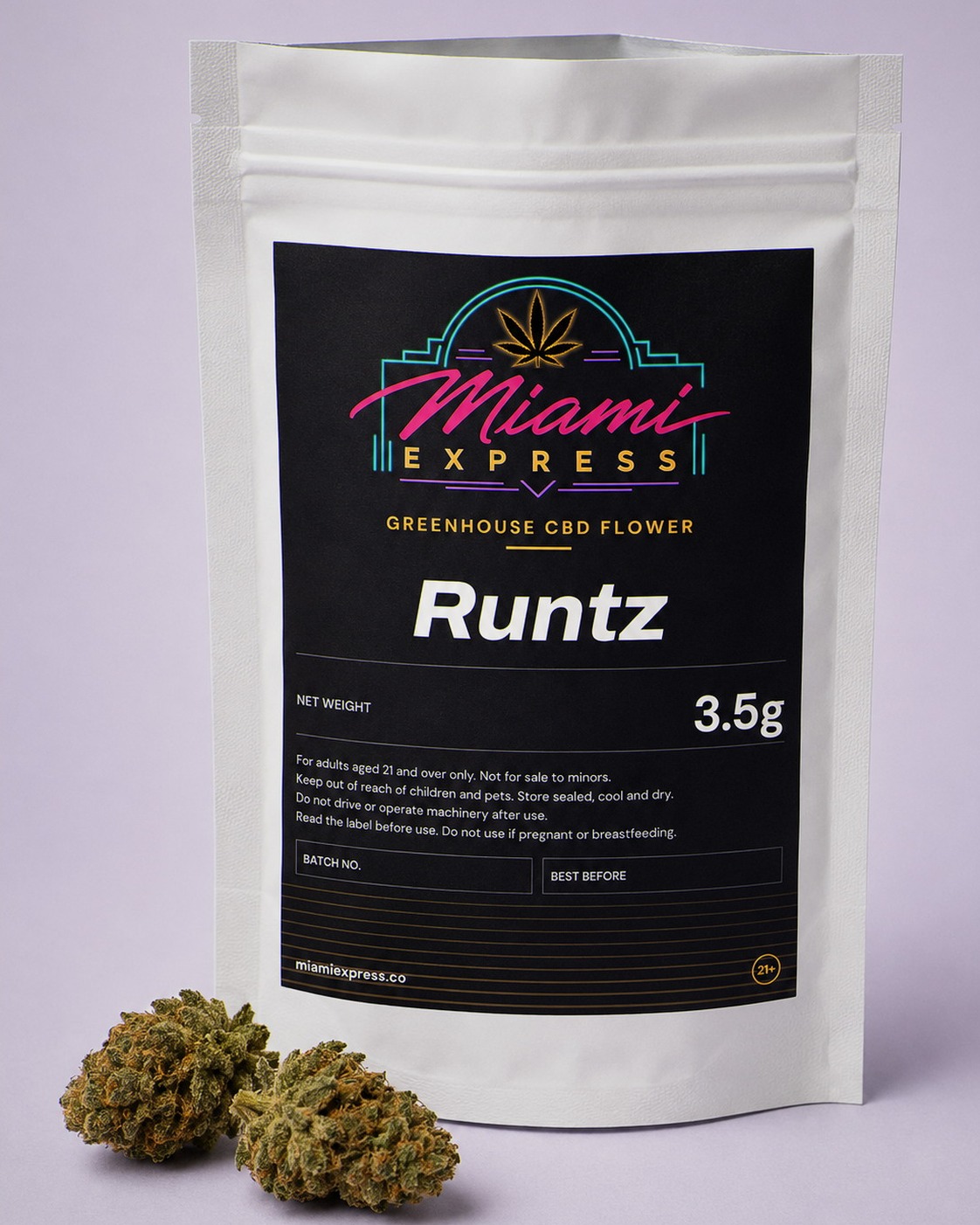 Runtz CBD Flower shown alongside the white resealable bag