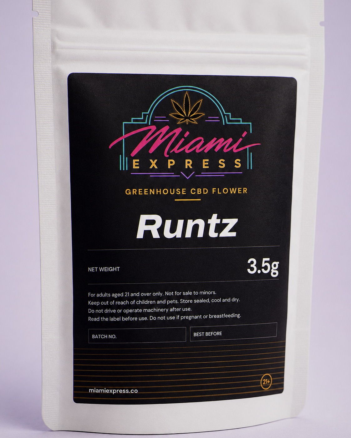 Close-up of the Runtz CBD Flower label on the white resealable bag