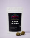 Silver Bubble CBD Flower front view, white resealable bag on a pale lilac studio background