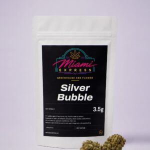 Silver Bubble CBD Flower front view, white resealable bag on a pale lilac studio background