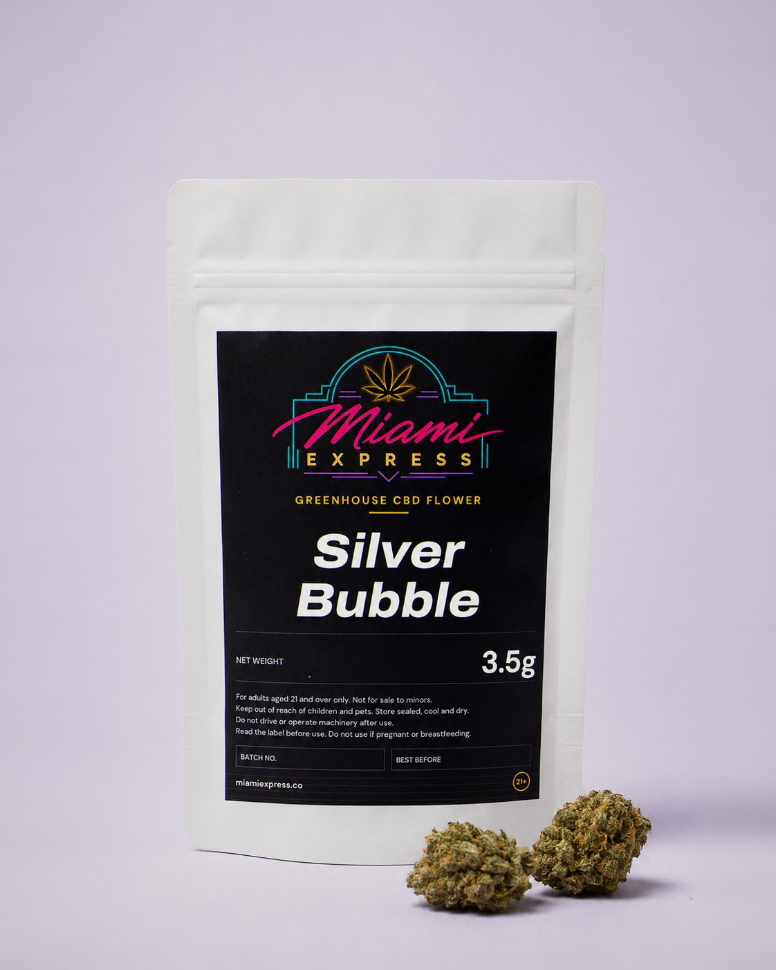 Silver Bubble CBD Flower front view, white resealable bag on a pale lilac studio background