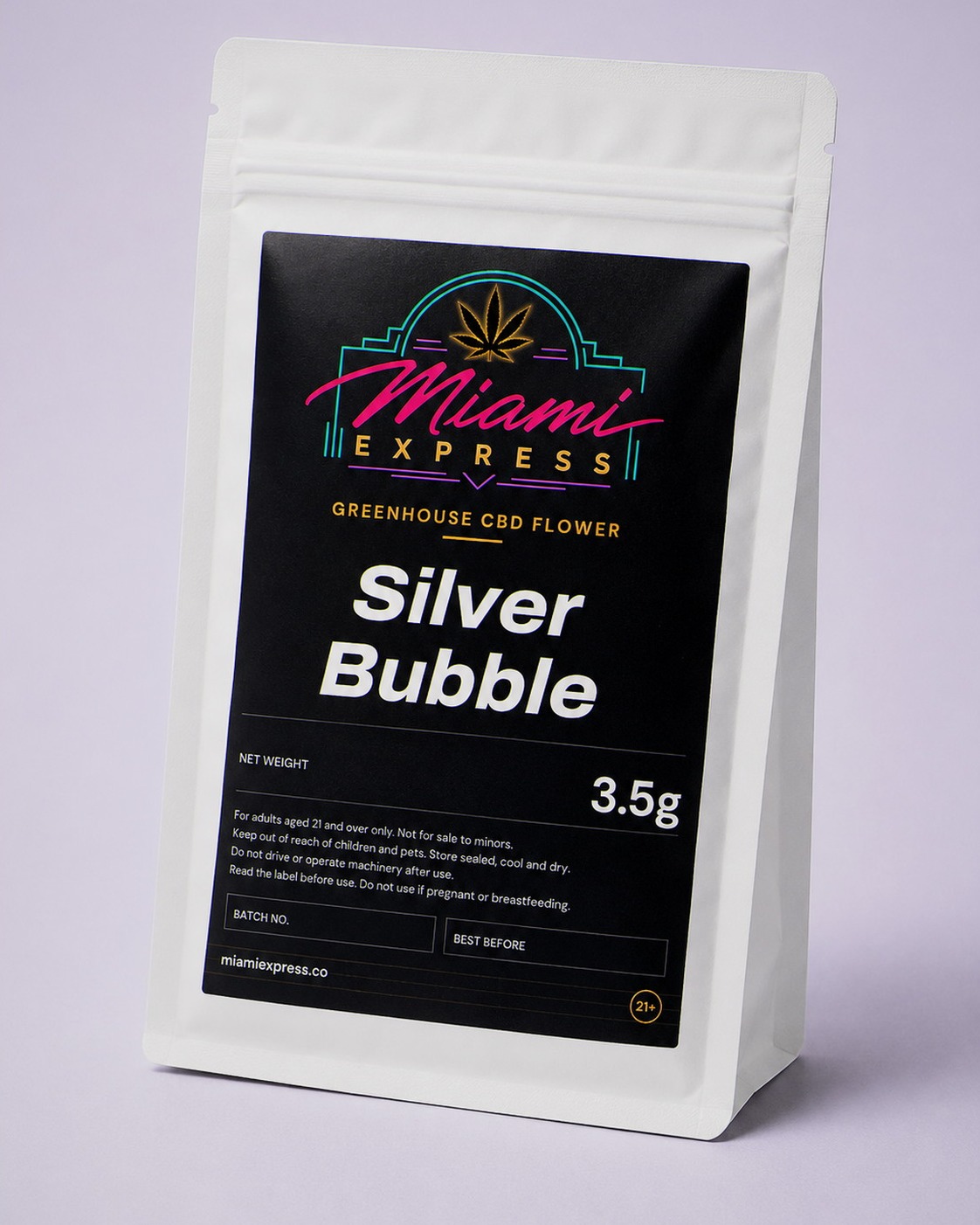 Silver Bubble CBD Flower angled view showing the label on the white resealable bag